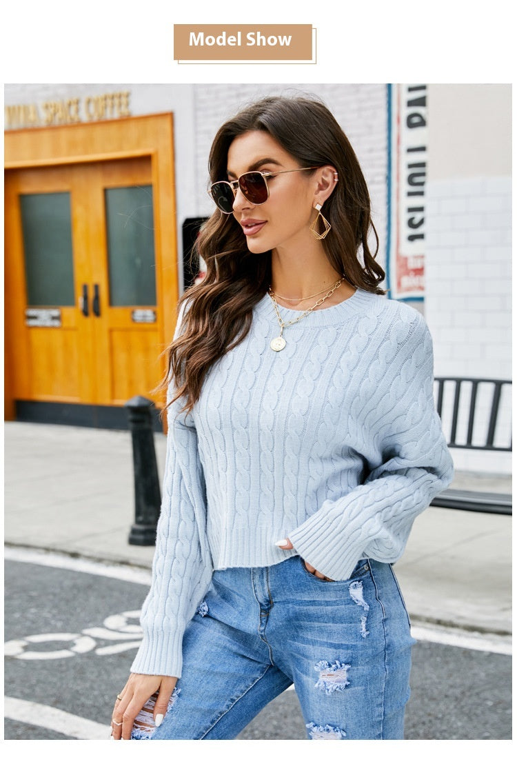 Women's All-match Loose Round Neck Twisted Short Knitted Sweater