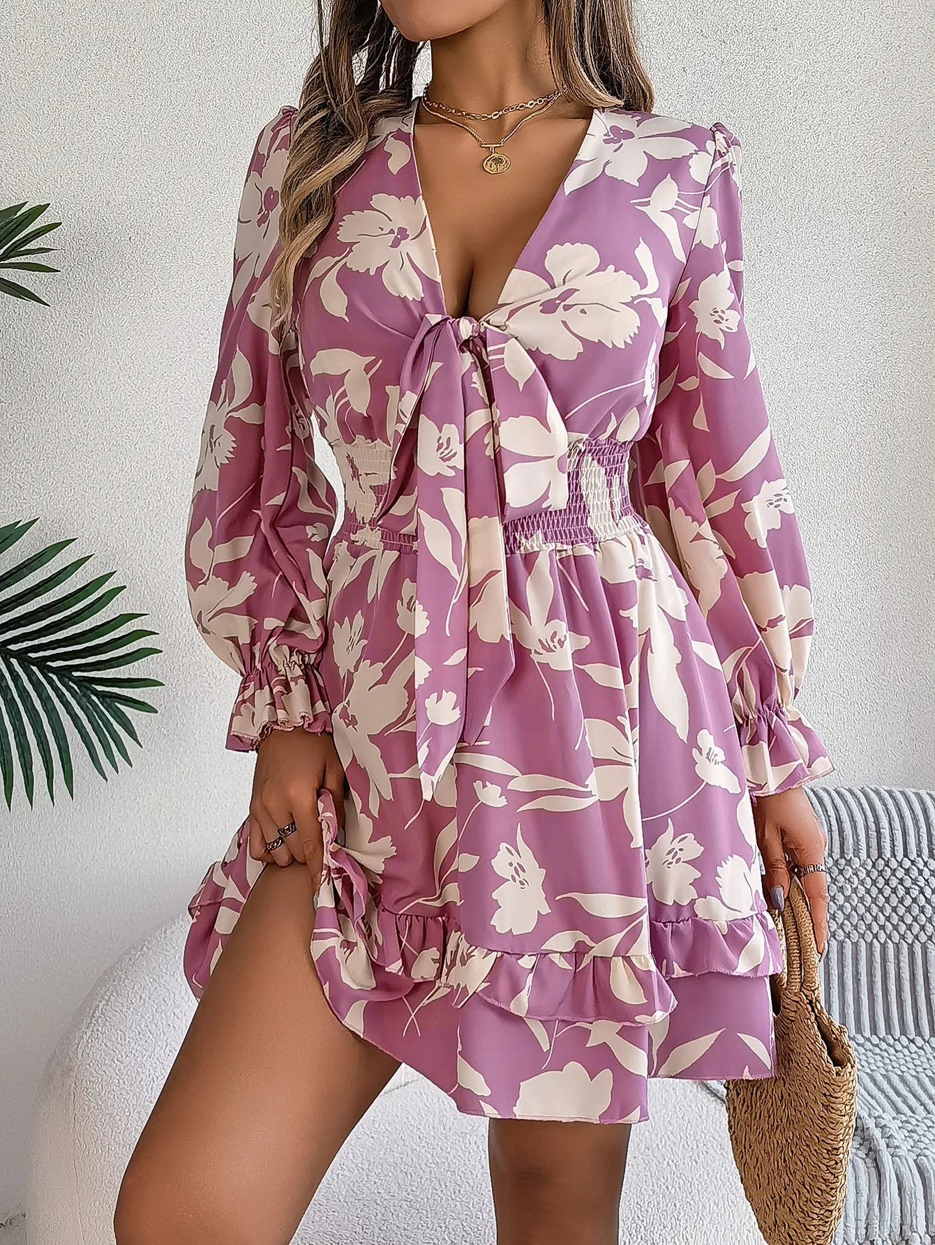 New Floral Printed V-Neck Long Sleeve Dress Fashion Ruffles Bowknot A-Line Short Dress Women's Clothing