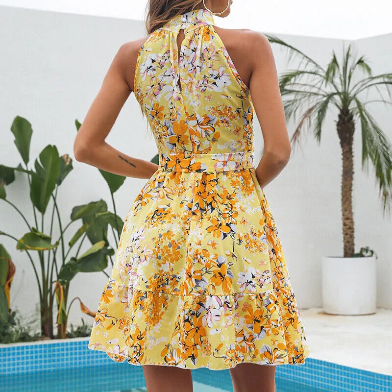 New Flowers Print Halterneck Dress Summer Fashion Temperament Lace-up Ruffled Dresses For Women