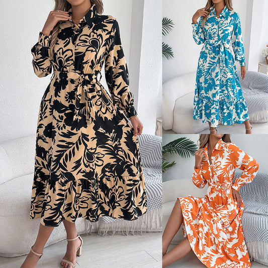 Women's Clothing Spring And Summer Leisure Flower Long Sleeve Shirt Skirt Dress