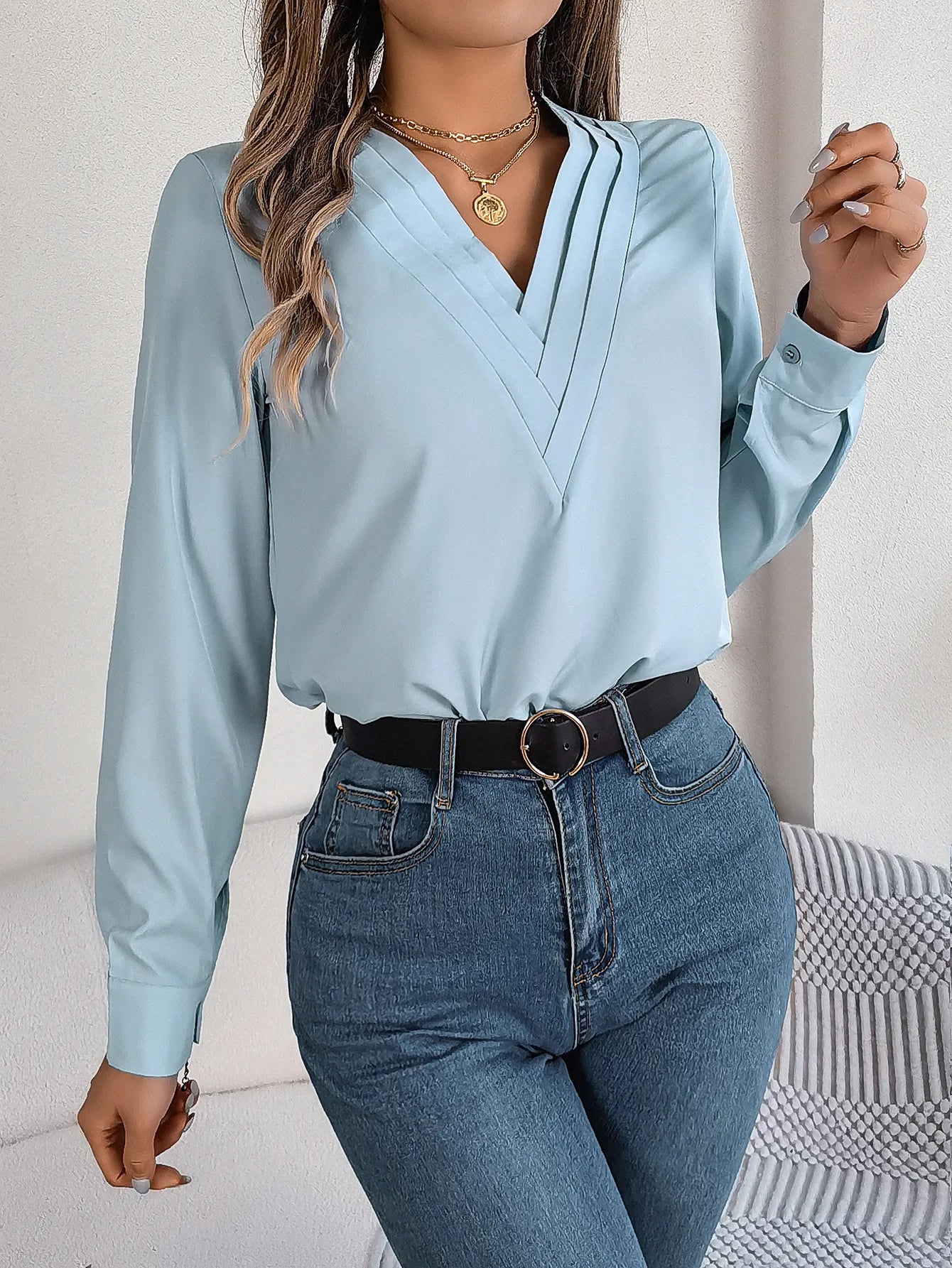 Fashion V-Neck Long Sleeve Shirt Elegant Commuter Solid Blouse Office Women's Clothing