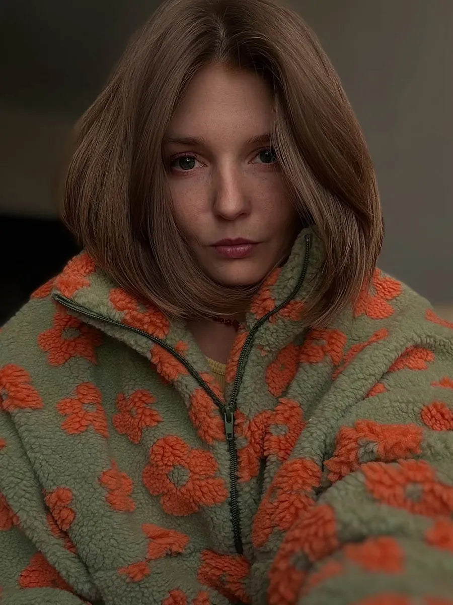 Winter Flowers Lambskin Sweatshirt With Big Pocket Casual Loose Zip-up Lapel Pullover Top Women's Clothing