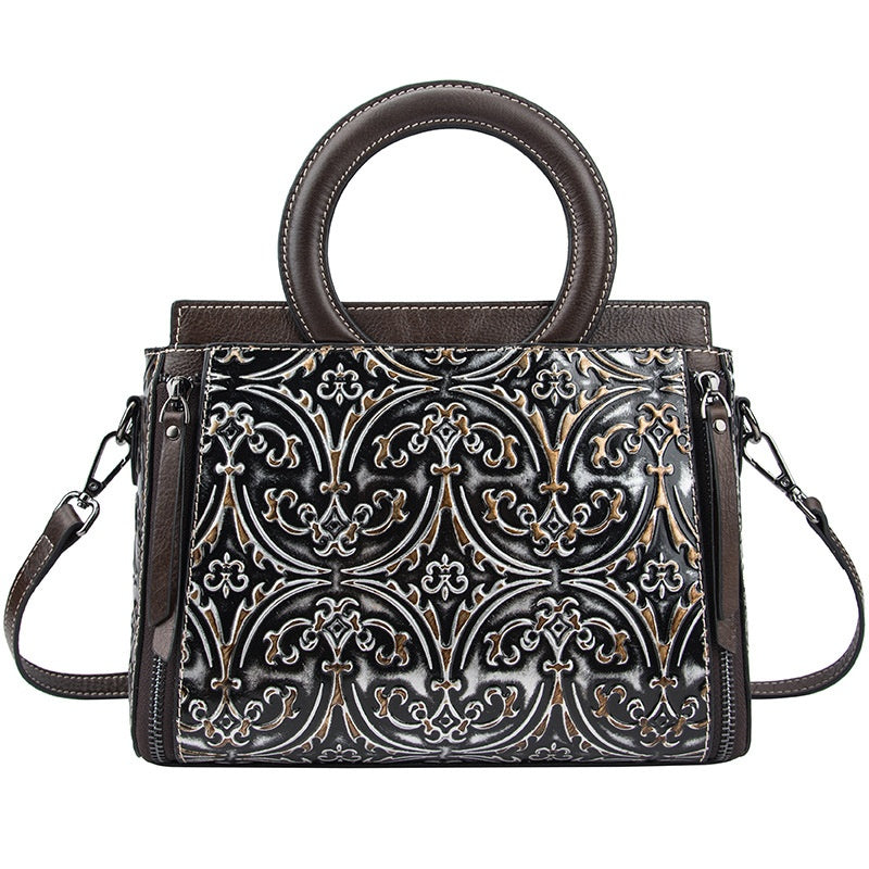 Retro First-Layer Cowhide Embossed Handbag Shoulder Crossbody Bag