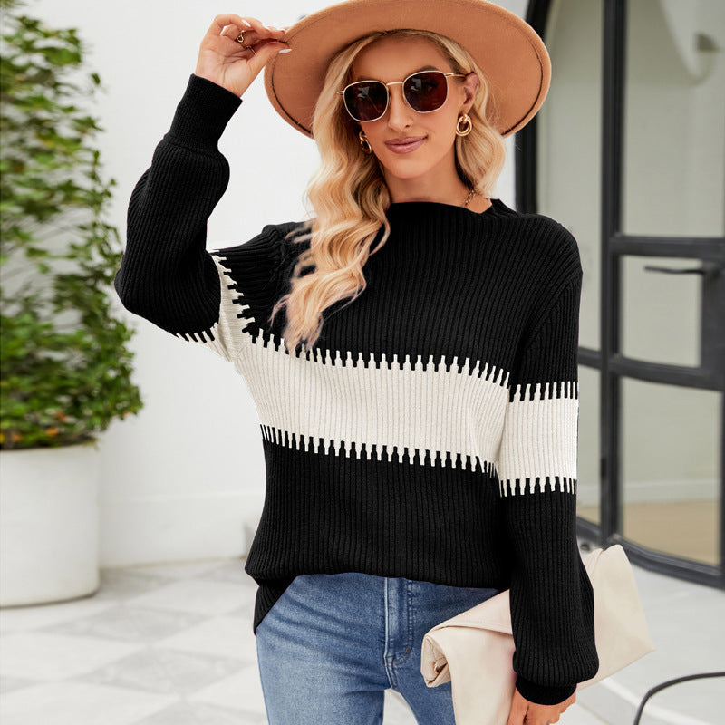 Women's Loose Color Contrast Patchwork Mock Neck Sweater