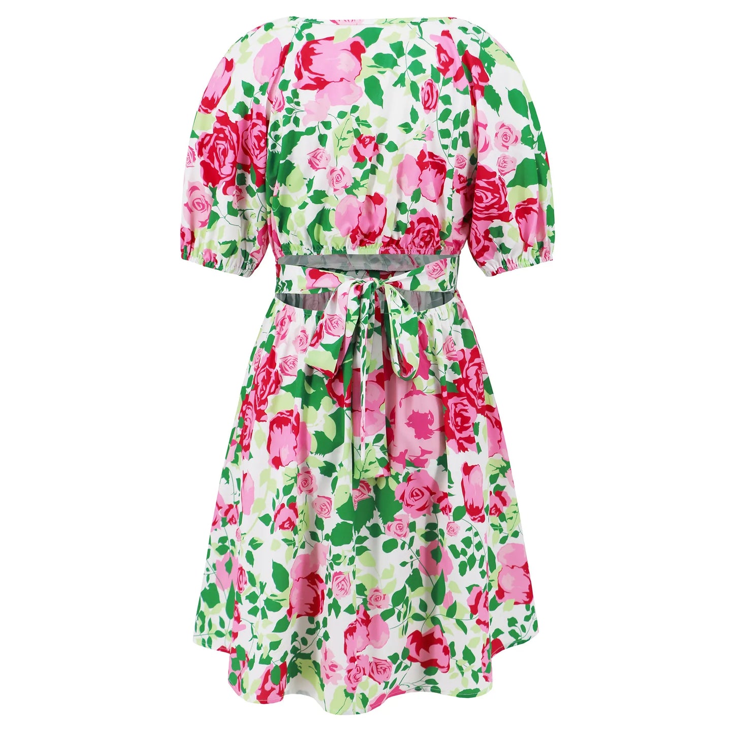 Flowers Print V-Neck Lantern-sleeve Dress Summer Vacation Beach Short Dresses Fashion Womens Clothing