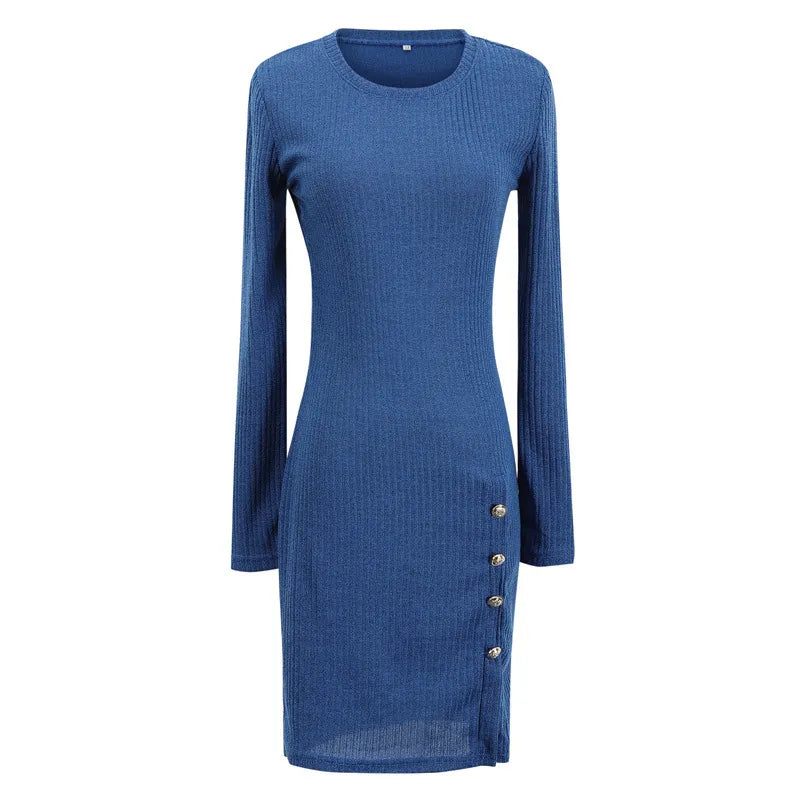 Button Sexy Hip Skirt Long Sleeve Dress
