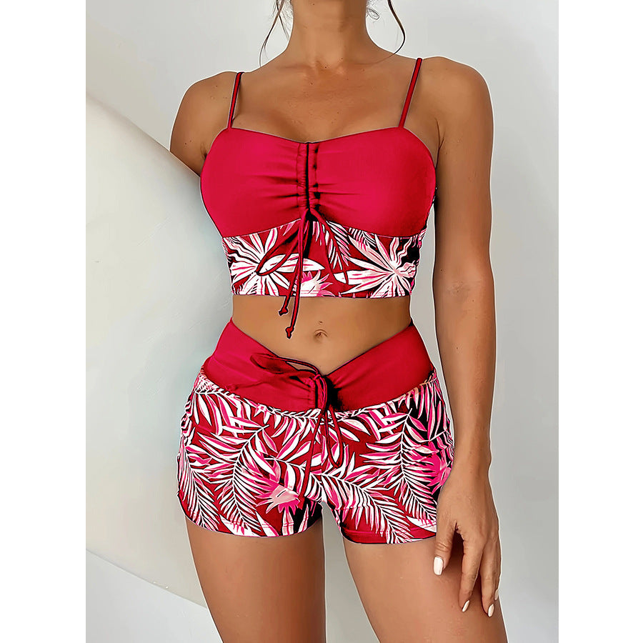 Women's Split High Waist Boxer Lace Printing Swimsuit