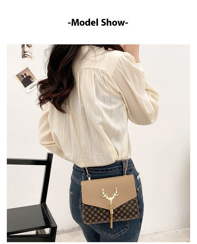 Tassel Deer Head Contrast Color Chain Small Square Leisure Phone Bag