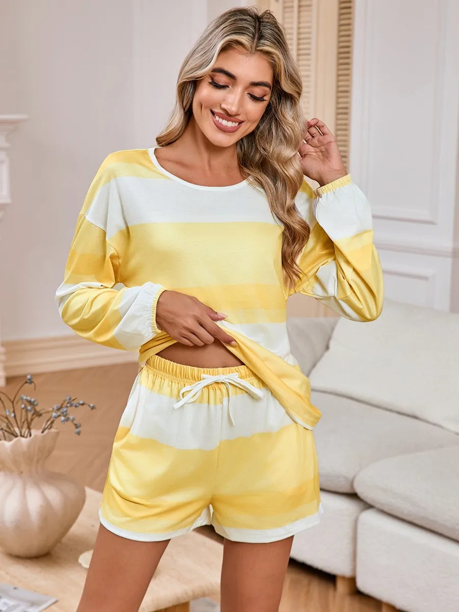 Women's Long Sleeve Striped Top Shorts Casual Suit Pajamas
