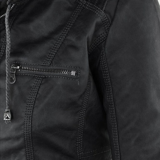 Women's Detachable Lapel Long Sleeve Solid Color Zipper Leather Jacket Coat