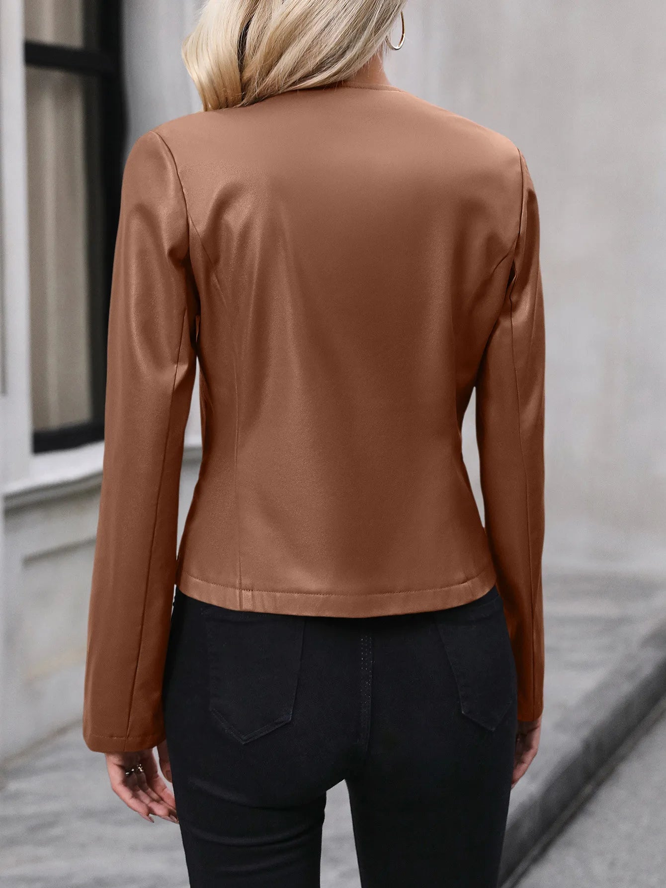 Casual Long-sleeve Solid Color Jacket Motorcycle Leather Coat Tops For Women Outwear