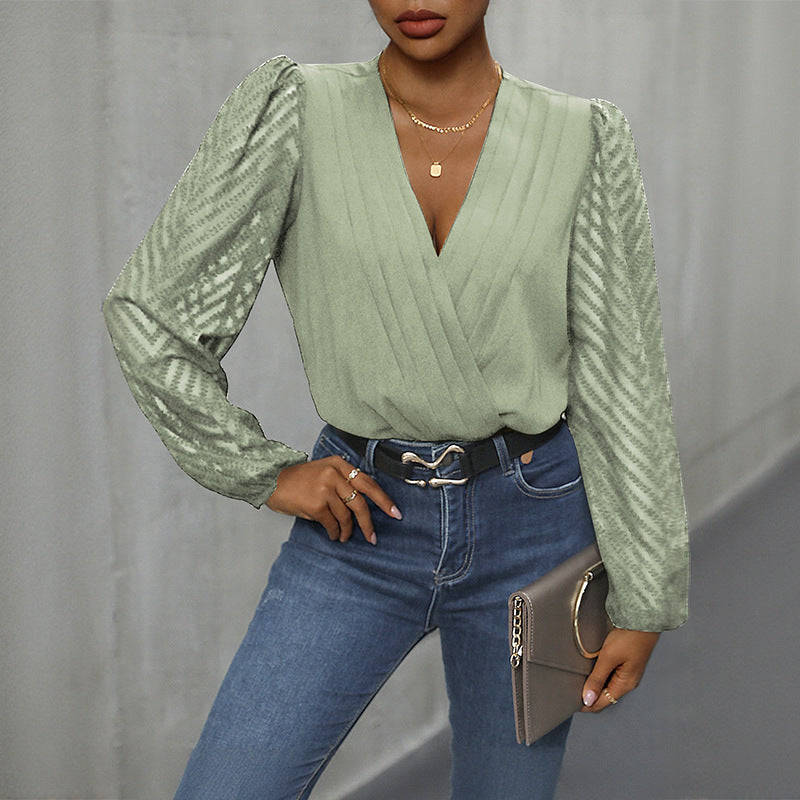 All-matching Solid Color And V-neck Pleated Lace See-through Long-sleeved Top