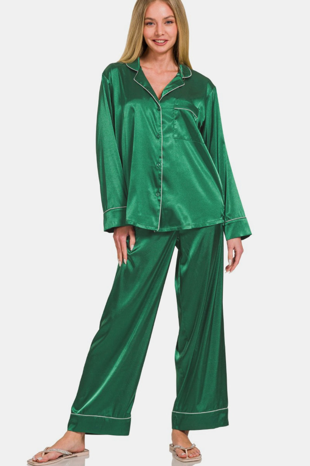 Zenana Satin Long Sleeve Shirt and Pants Pajama Set Green