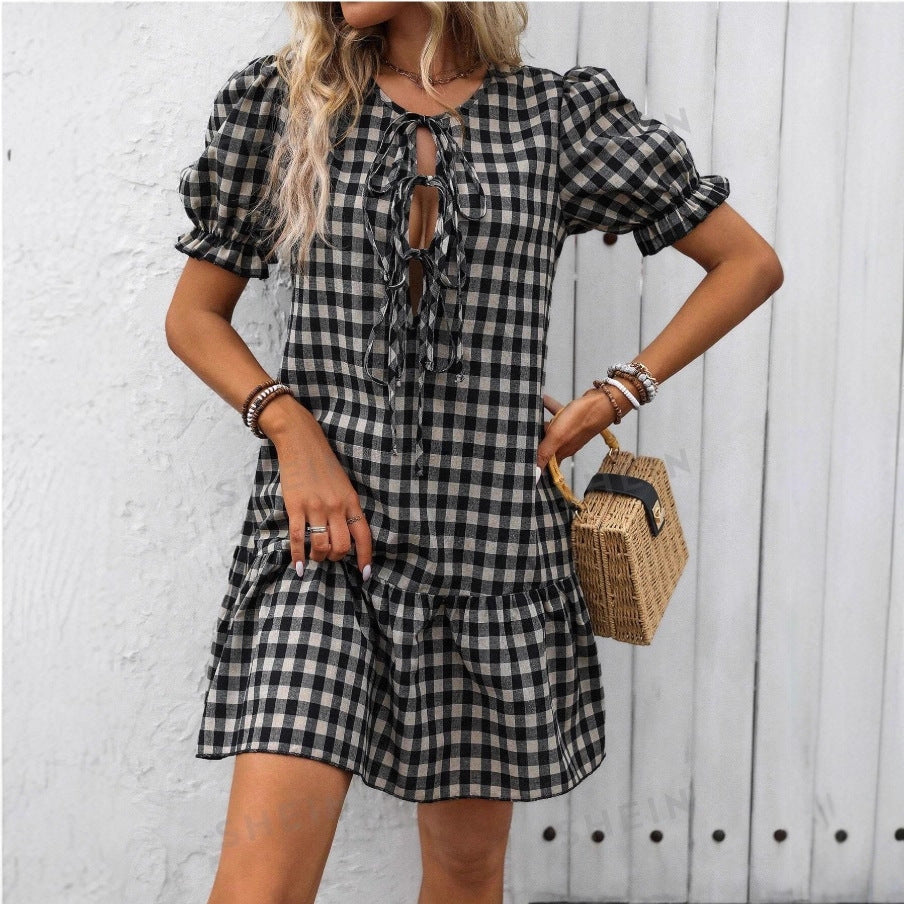 Plaid Drawstring Puff Sleeve Bohemian Dress