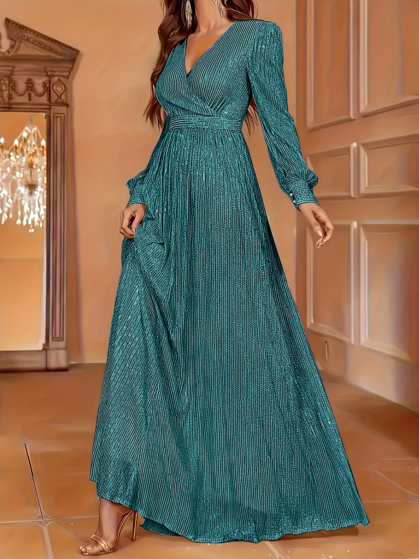 Elegant Dinner Sequined Long Sleeve V-neck High Waist Evening Dress
