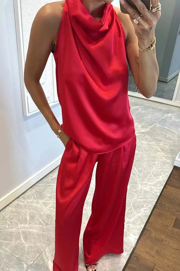 Women's Sleeveless Trousers Loose Satin Two-piece Set