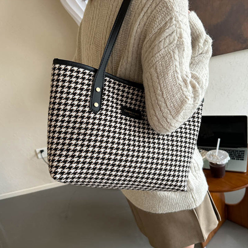 Houndstooth Shoulder Bag Winter Fashion Commuting Handbags Women Large Capacity Totes Casual Shopping Bag