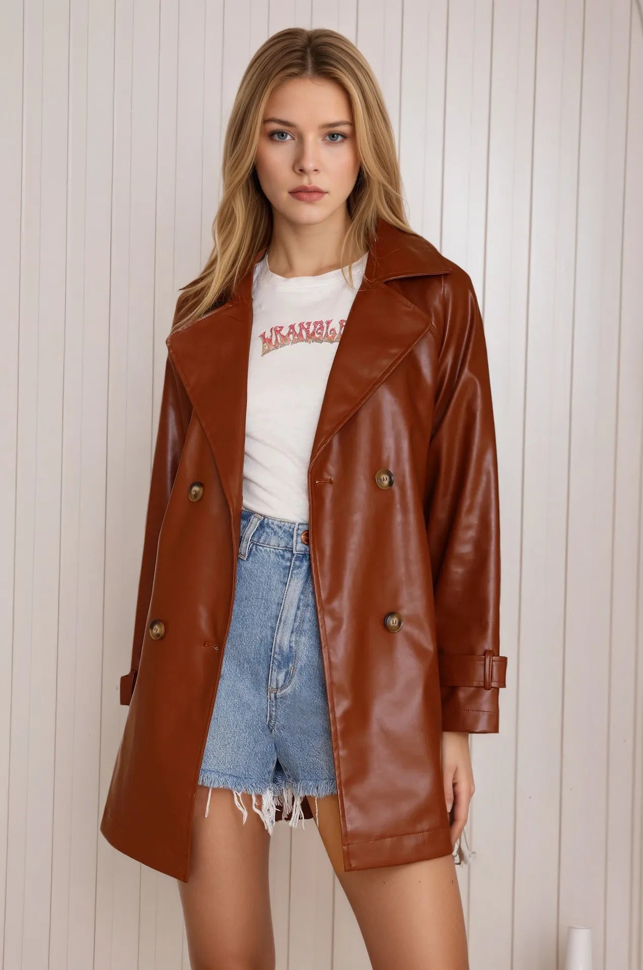 Fashion Slim Mid-length Women's Leather Coat