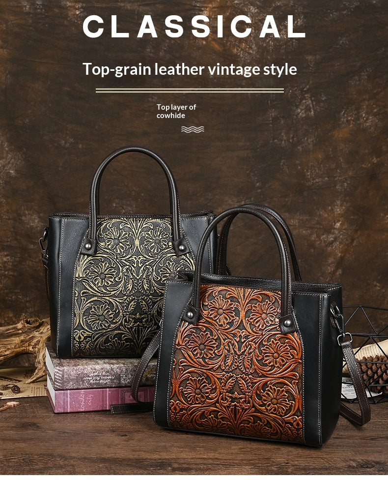 Single-shoulder Slanted-top Full-grain Leather Tote Bag With Leather Carving