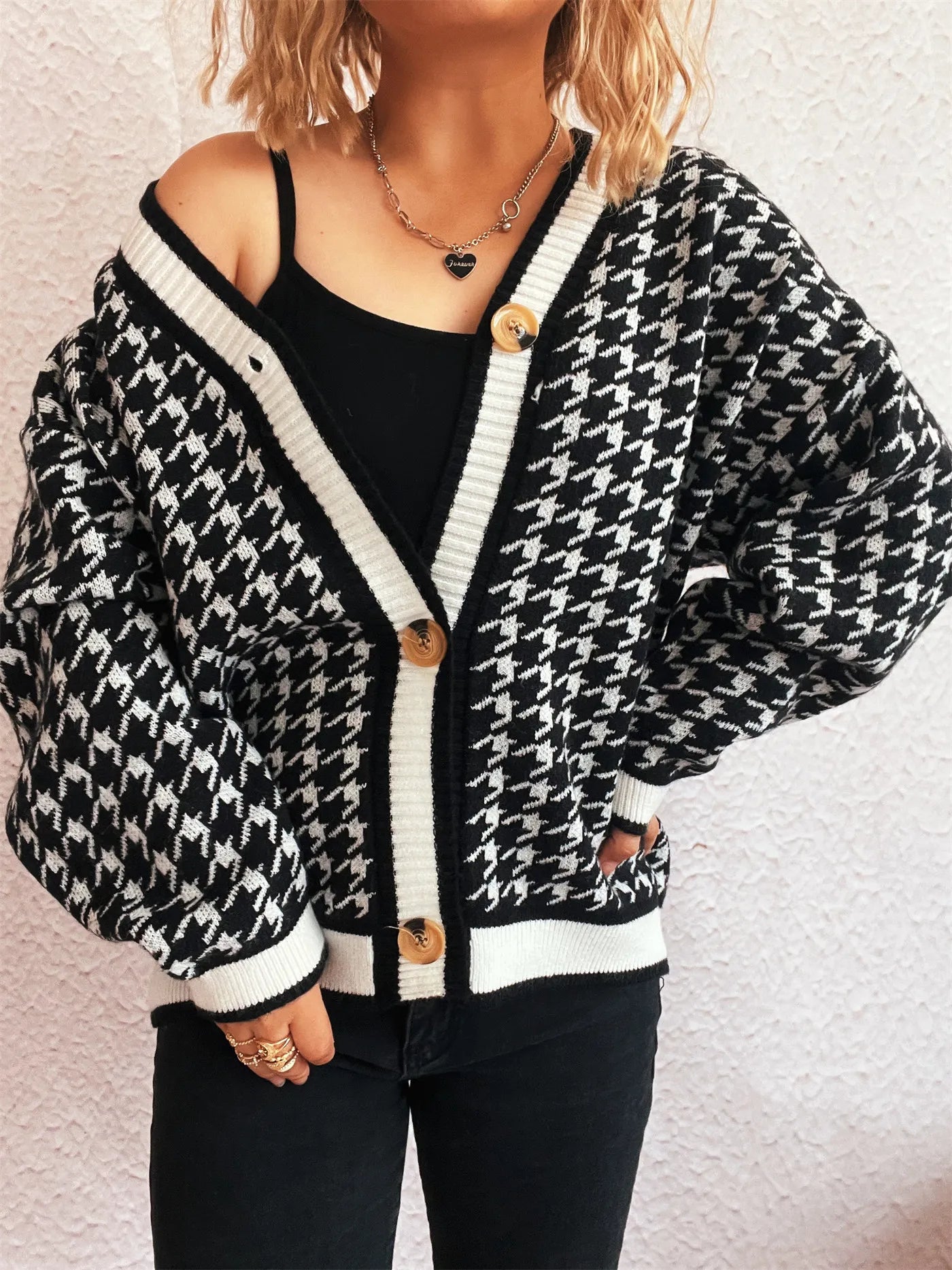 Stitching Plaid Knitted Women's Sweater