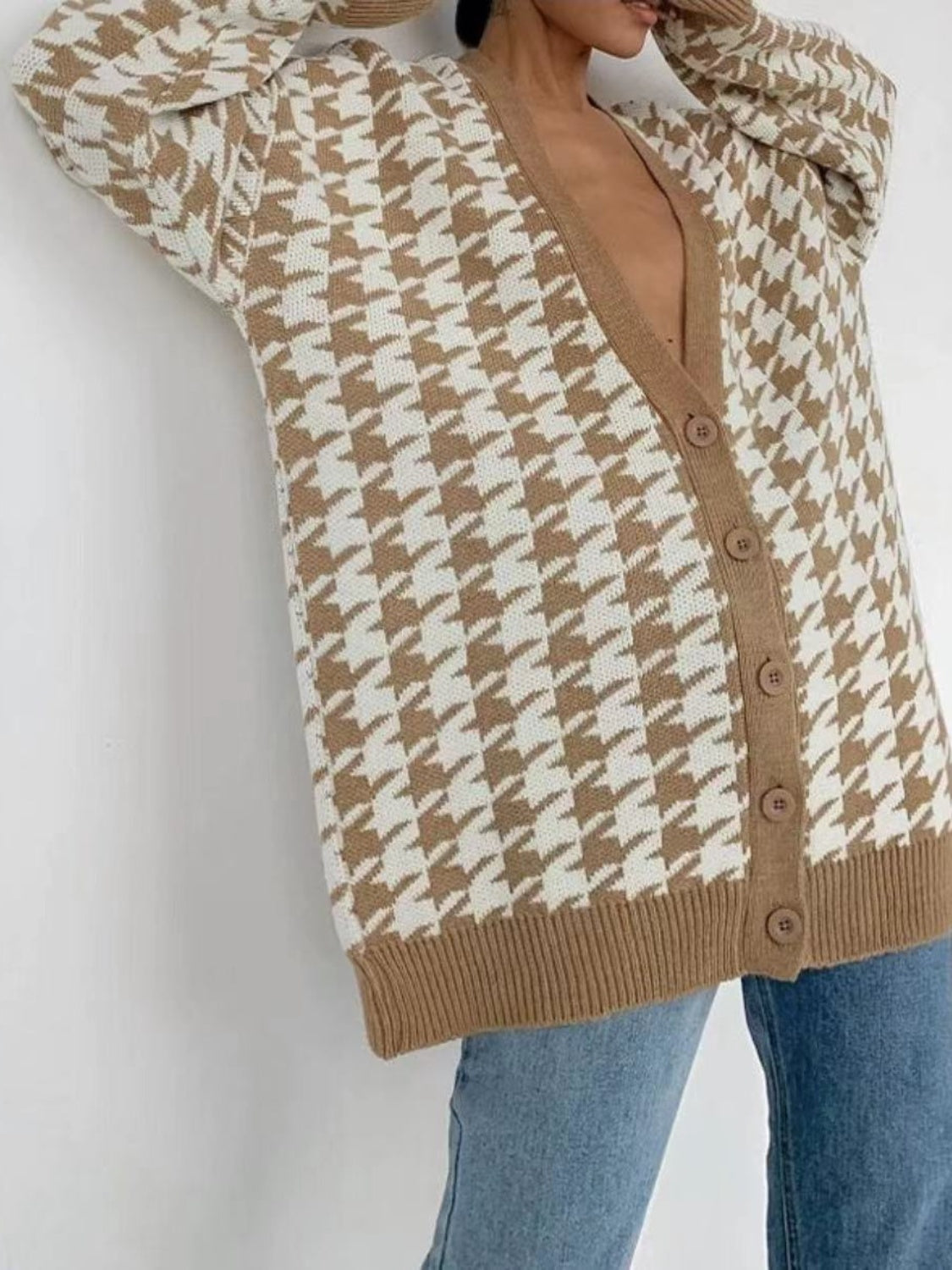 Houndstooth Button Front Long Sleeve Cardigan