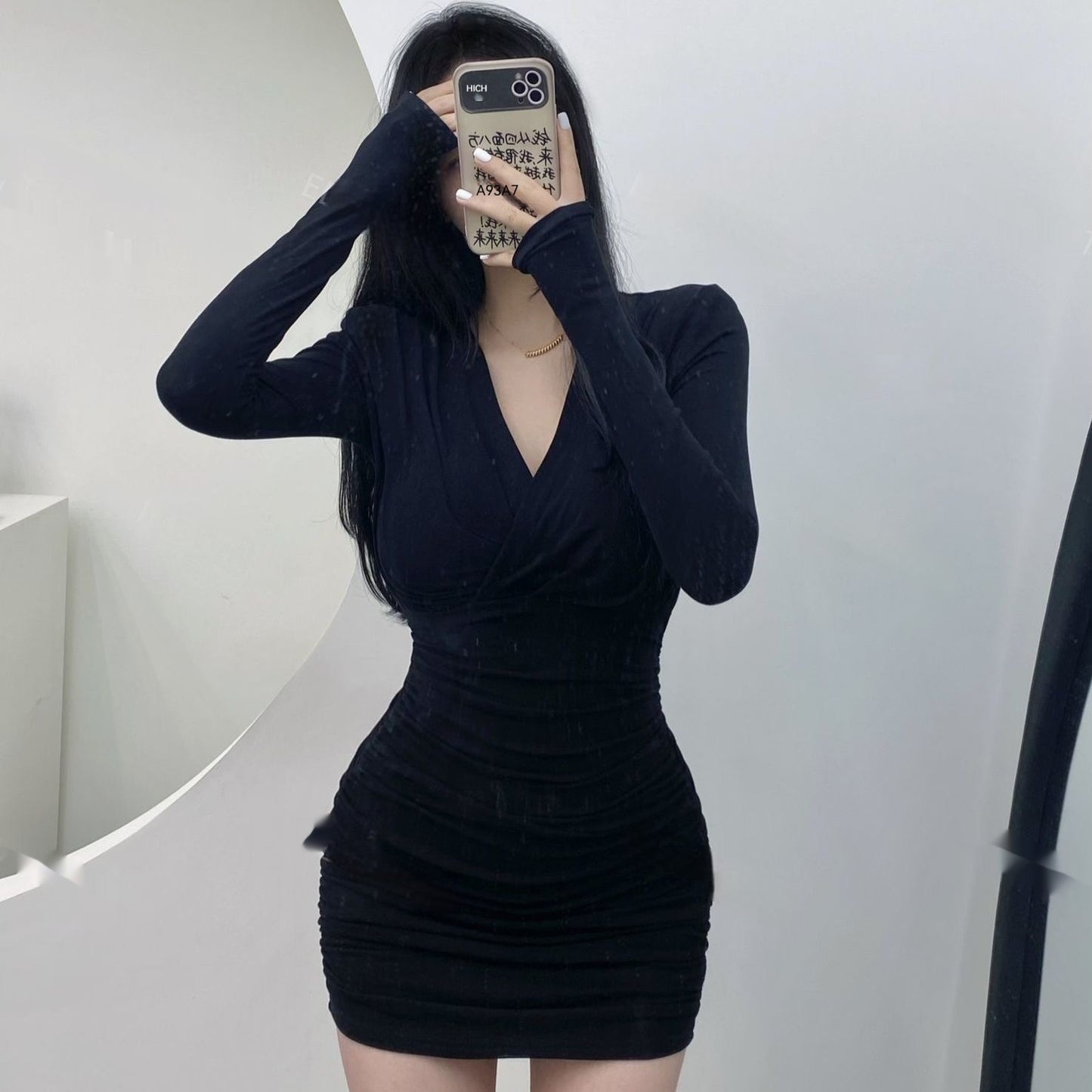 Mature Adult Lady Like Woman Style Stretch Long Sleeve Dress For Women