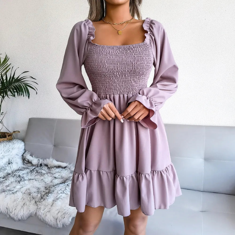 Flared Long Sleeve Dresses Women Square Neck Ruffled Swing Dress