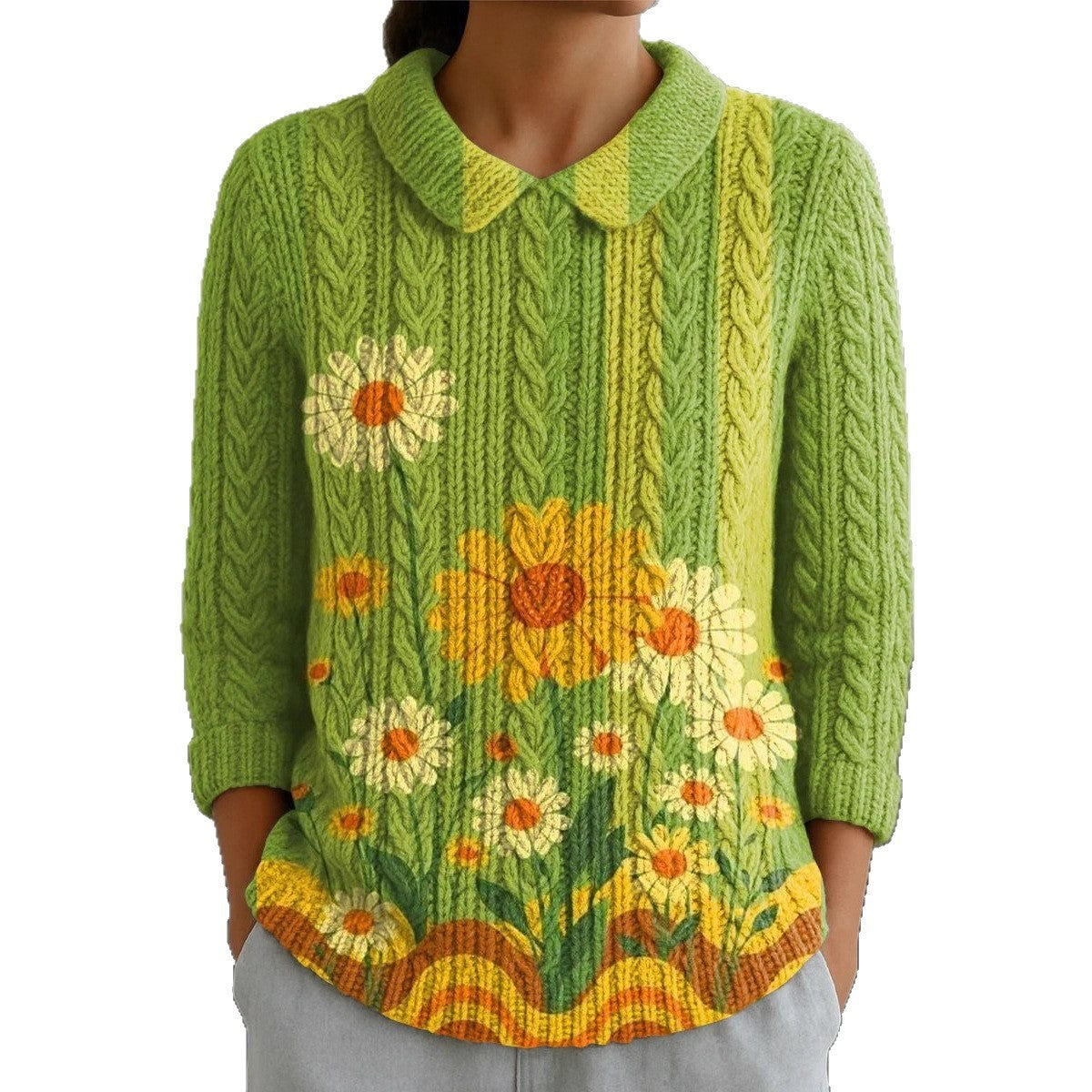 Autumn And Winter New Women's Doll Collar Knitted Jacquard Fabric French Retro Printed Top