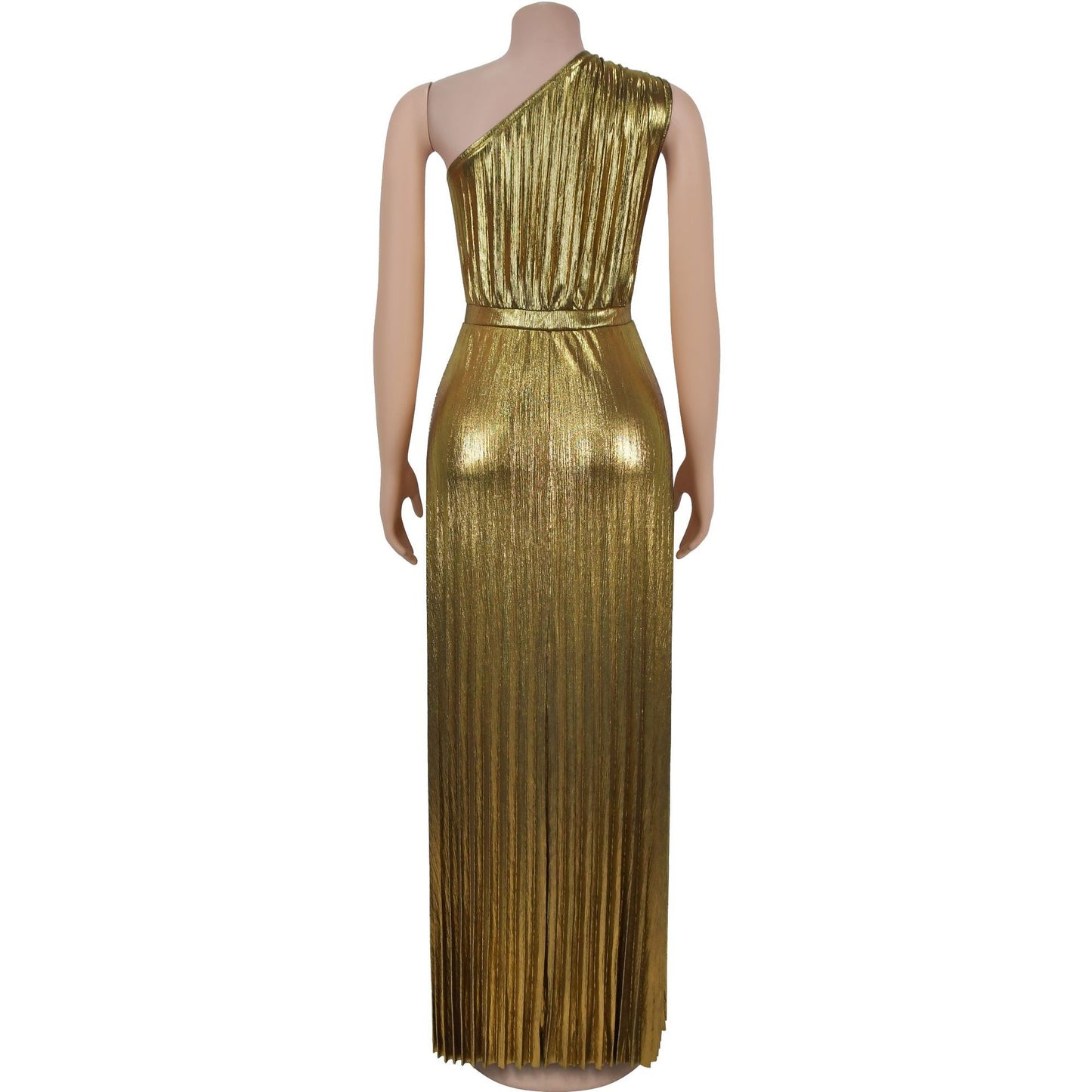 European And American Fashion Elegant Bronzing Oblique Shoulder Sleeveless Solid Color Dress