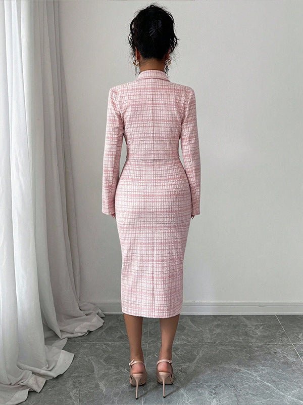 Women's Clothing Skirts Suit Lapel Long Sleeve Short Plaid Jacket