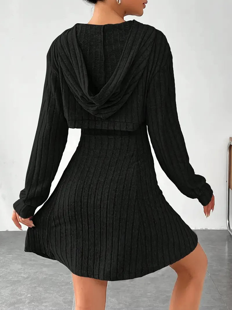 Women's Two-piece Set Dresses New Fashion Fall Winter Hooded Shawl Long-sleeved Vest Short Skirt