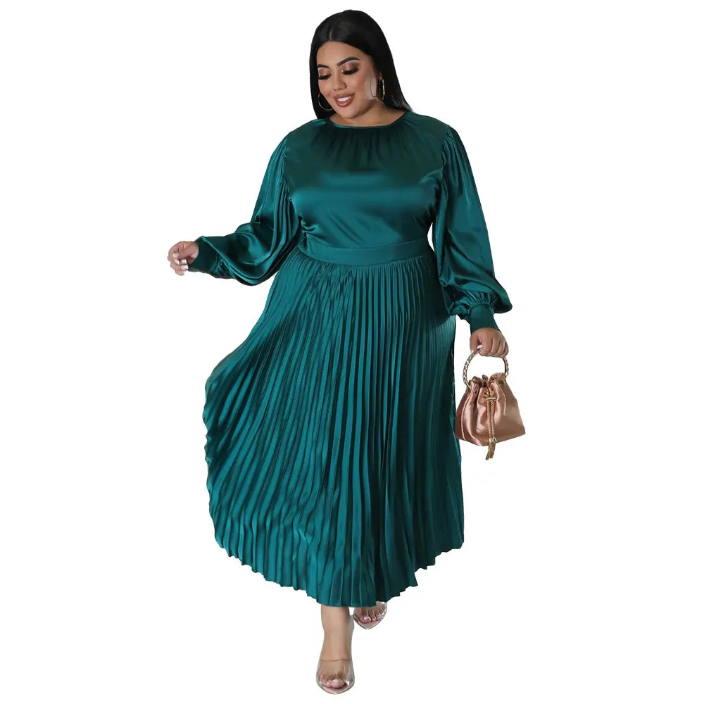 Pleated Round-neck Long Dress Women
