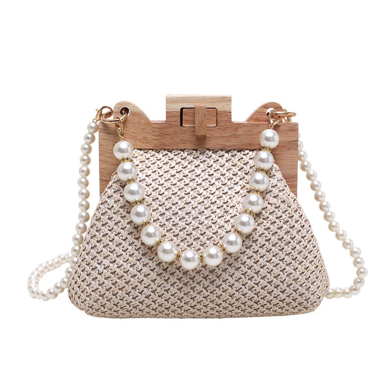 Women's Straw Beach Pearl Chain Woven Shoulder Bag