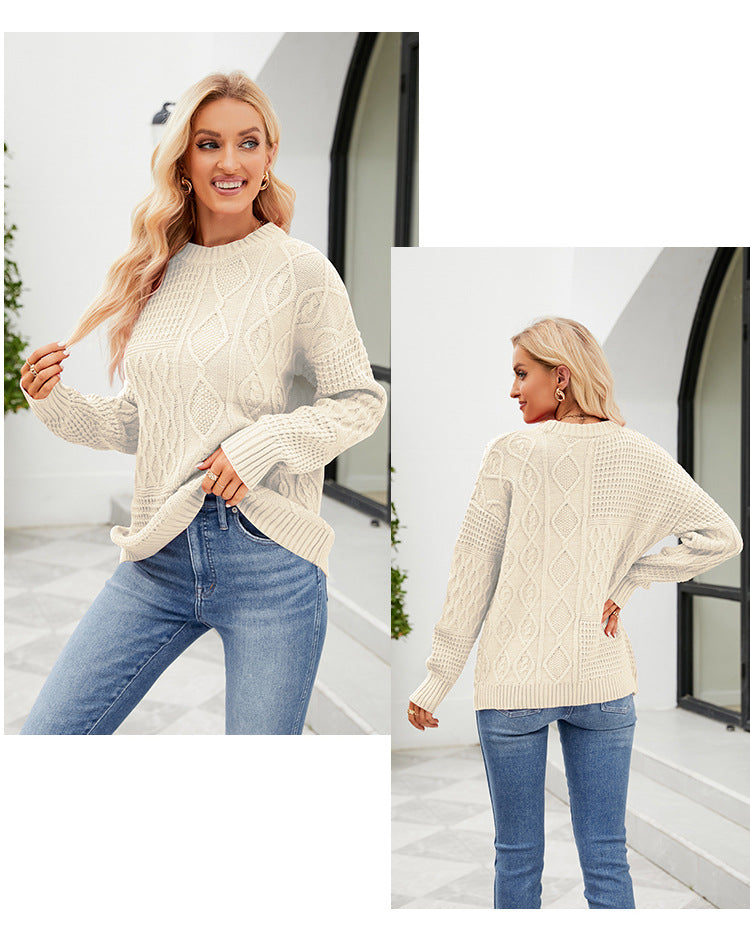 Casual Round-neck Pullover Sweater Fall Winter Solid Color Cable-knot Pattern Tops Women Clothing