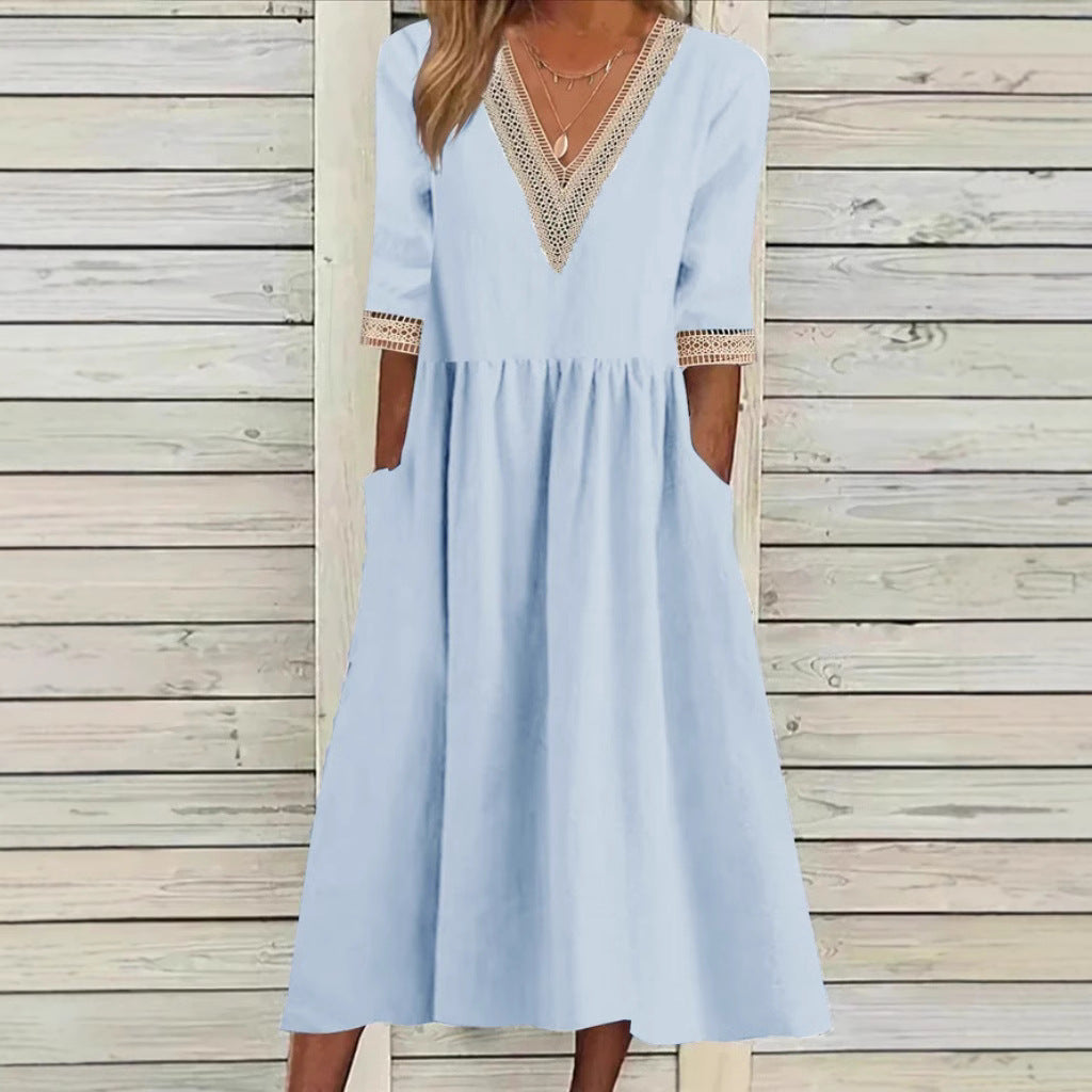 Cotton And Linen Lace Collar Half Sleeve Mid-length Dress