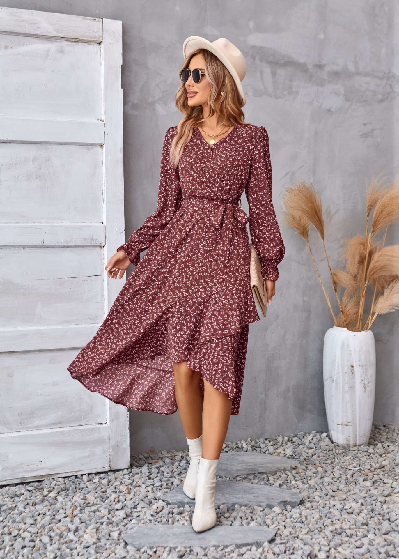 Flowers Print Long Sleeve Dress Fashion Ruffled Commuter Temperament Dresses Womens Clothing