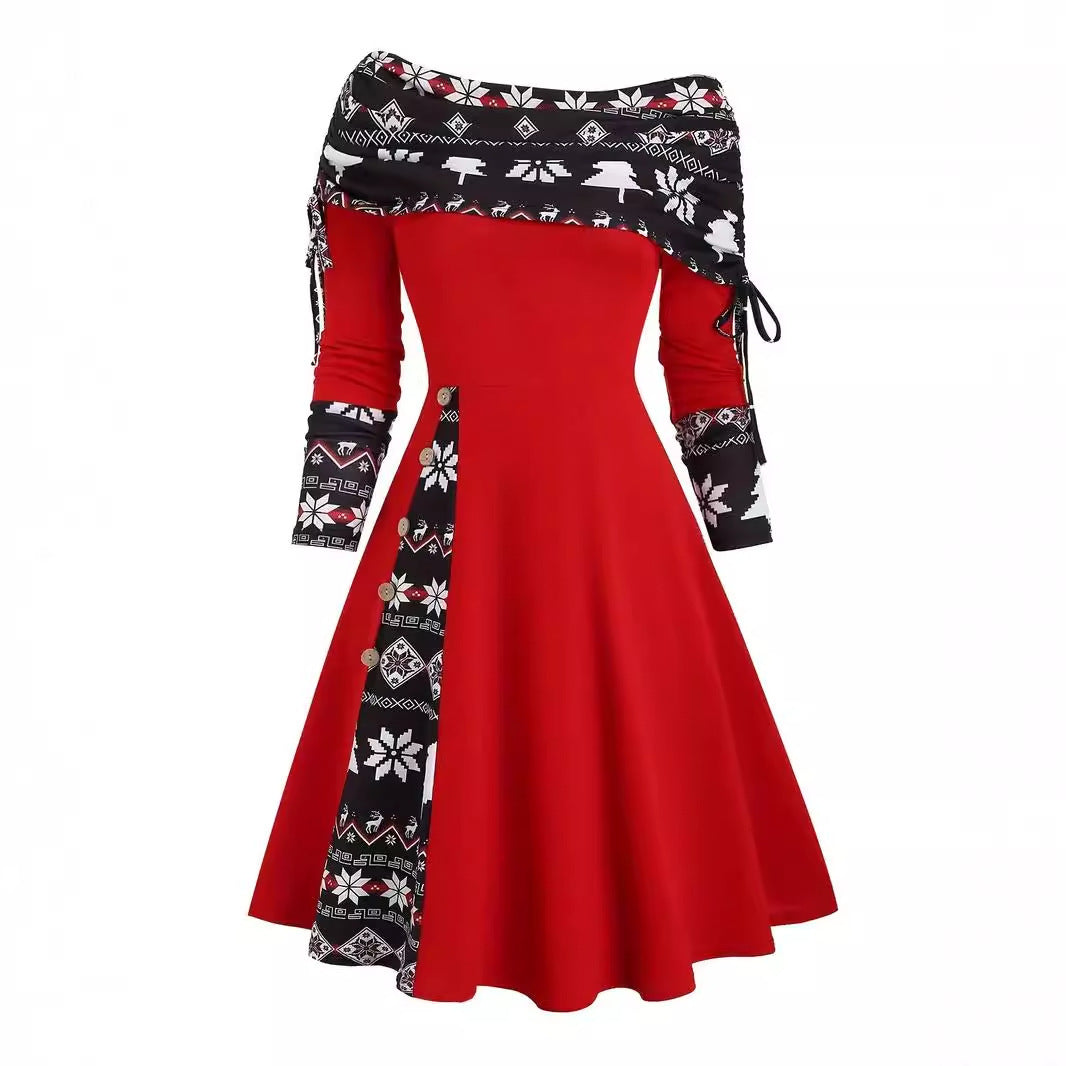 Plus Size Christmas Color Printing Long Sleeve Dress