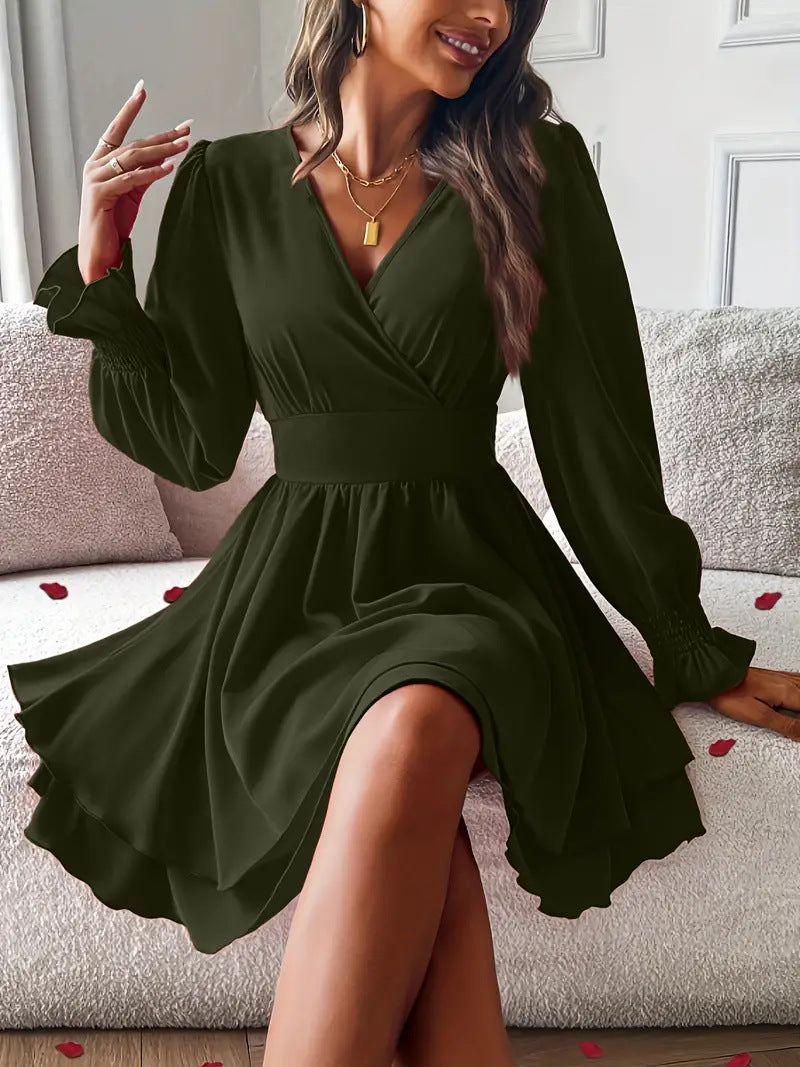 Women's Double-layer Skirt V-neck Tight Waist Dress