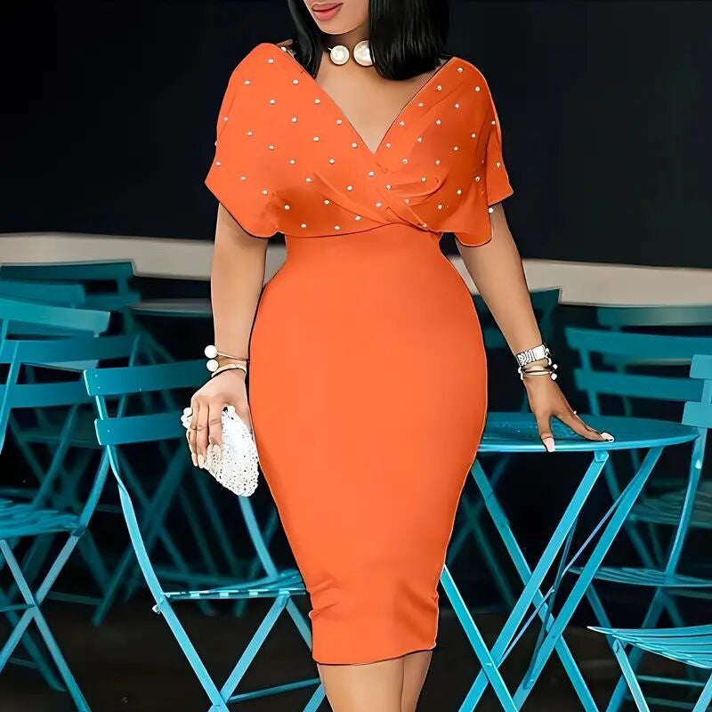 Women's Elegant Deep V Neck Wrap Bodycon Dress Back Zipper Pencil Midi Dress-FREE USA SHIPPING