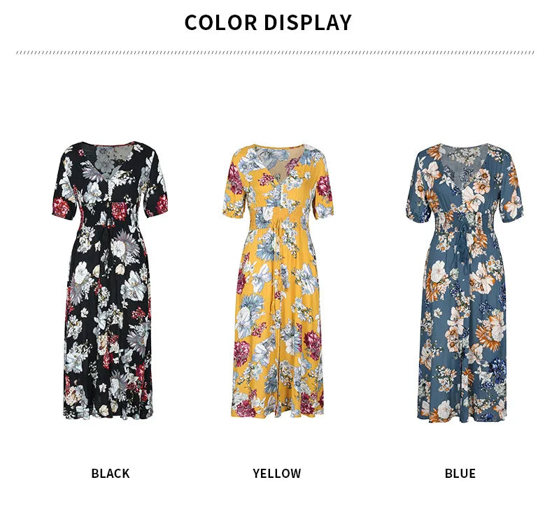 Floral Summer Beach Dress With V Neck Elastic Waist Dresses For Women