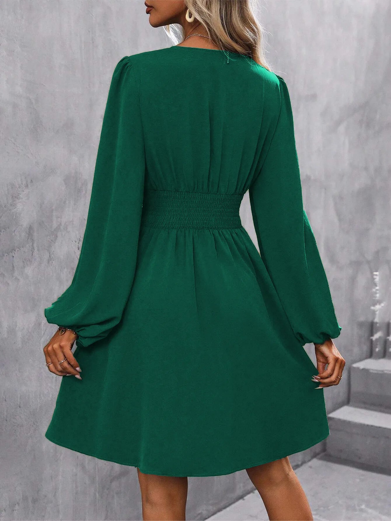 Women's Diagonal Collar Lantern Sleeve Smocking Pleated Waist Dress