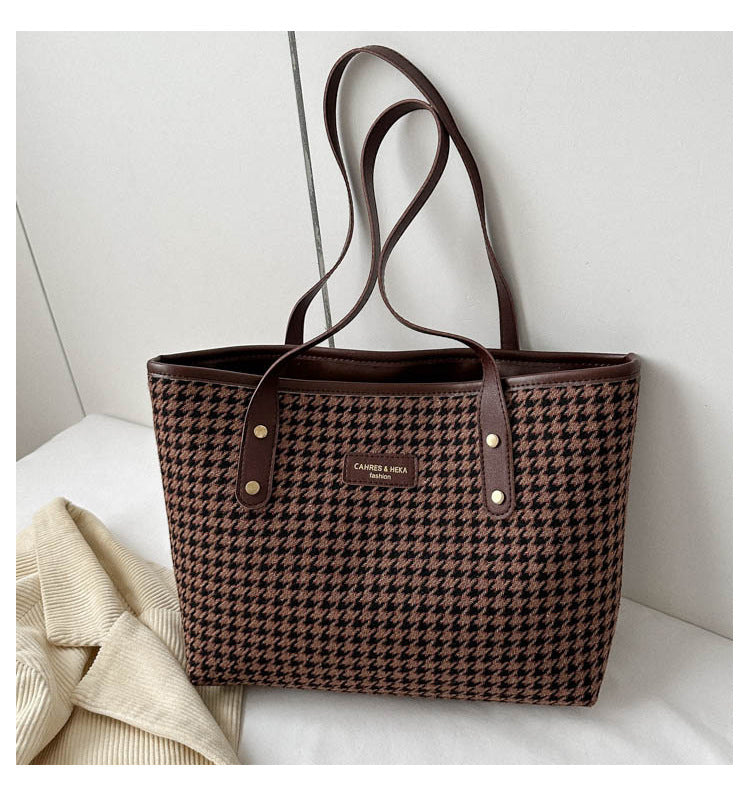 Houndstooth Shoulder Bag Winter Fashion Commuting Handbags Women Large Capacity Totes Casual Shopping Bag