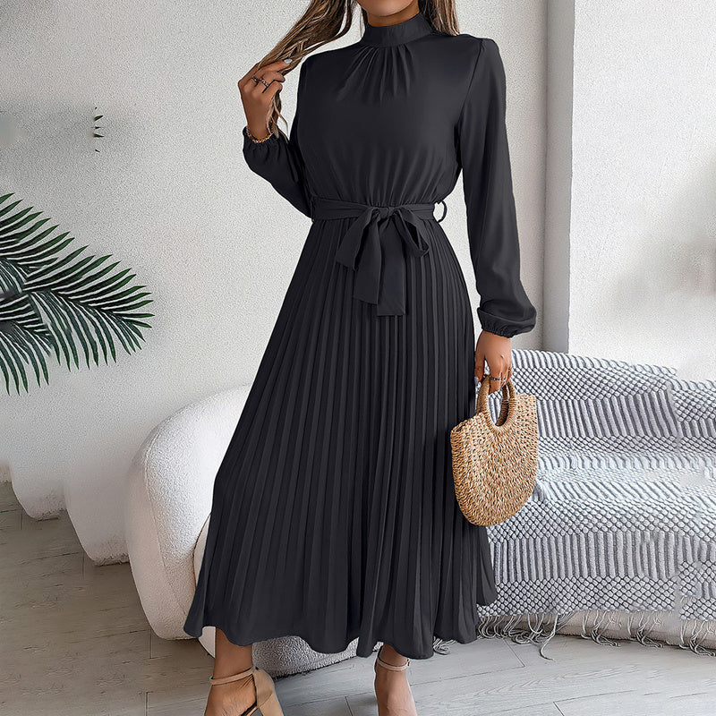 Elegant High Neck Long Sleeve Pleated Maxi Dress - Solid Color Flowy Dress For Women, Casual To Formal Wear-FREE USA SHIPPING