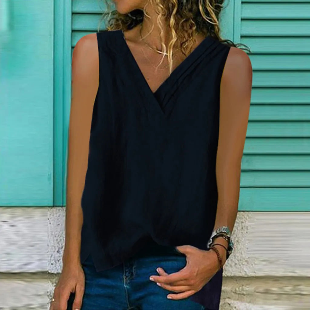 Split Sleeveless Cotton And Linen Multi-layer Collar T-shirt