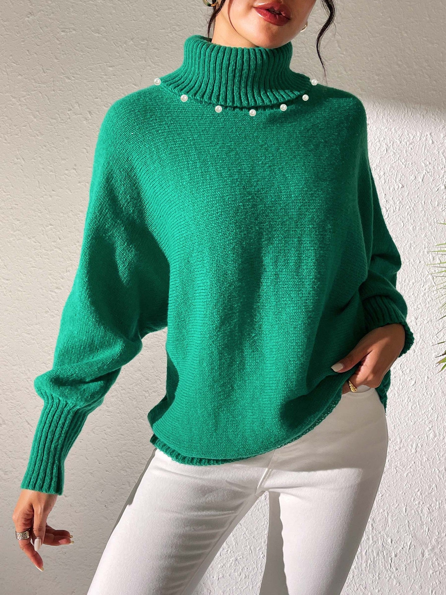 Women's Solid Color Simple Top Pearl Beaded Turtleneck Sweater Women's Base Shirt
