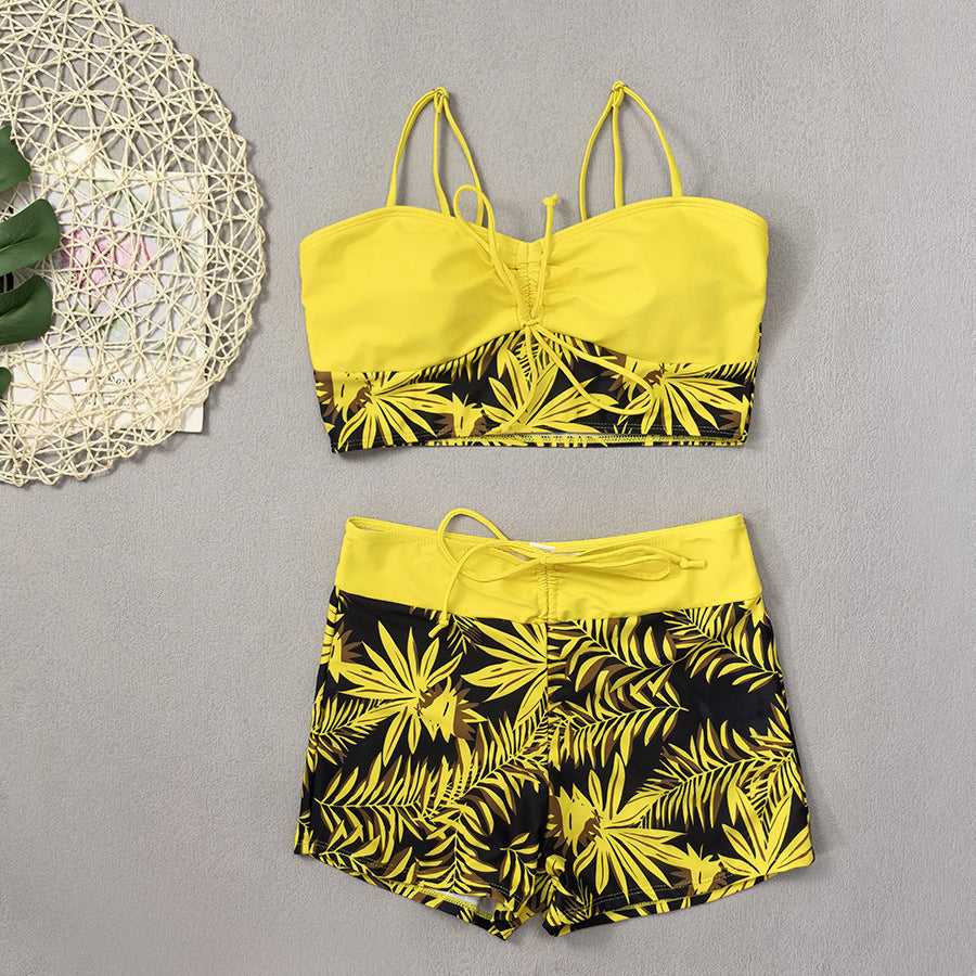 Women's Split High Waist Boxer Lace Printing Swimsuit