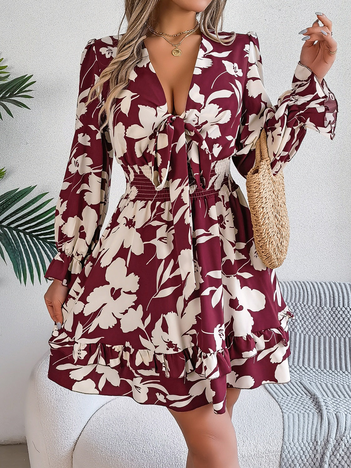 Tied Ruffled Printed Long Sleeve Dress Floral