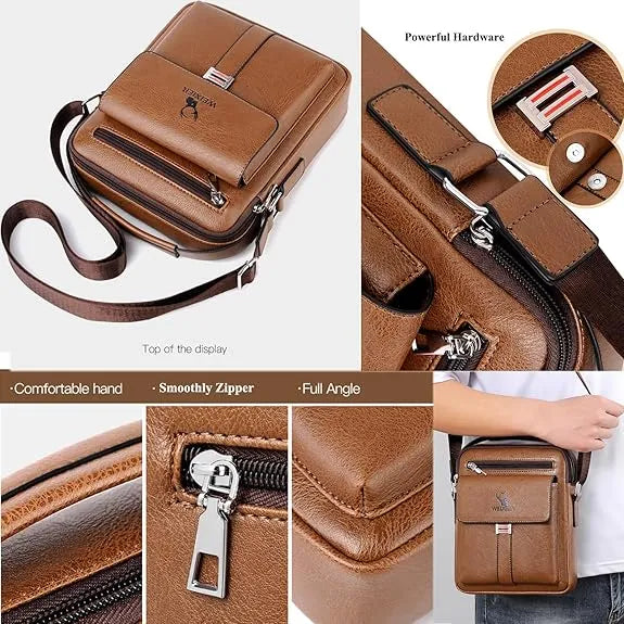 Leather Messenger Crossbody Shoulder Bag For Men Work Business Casual Adjustable Straps With  Metal Zipper-FREE USA SHIPPING