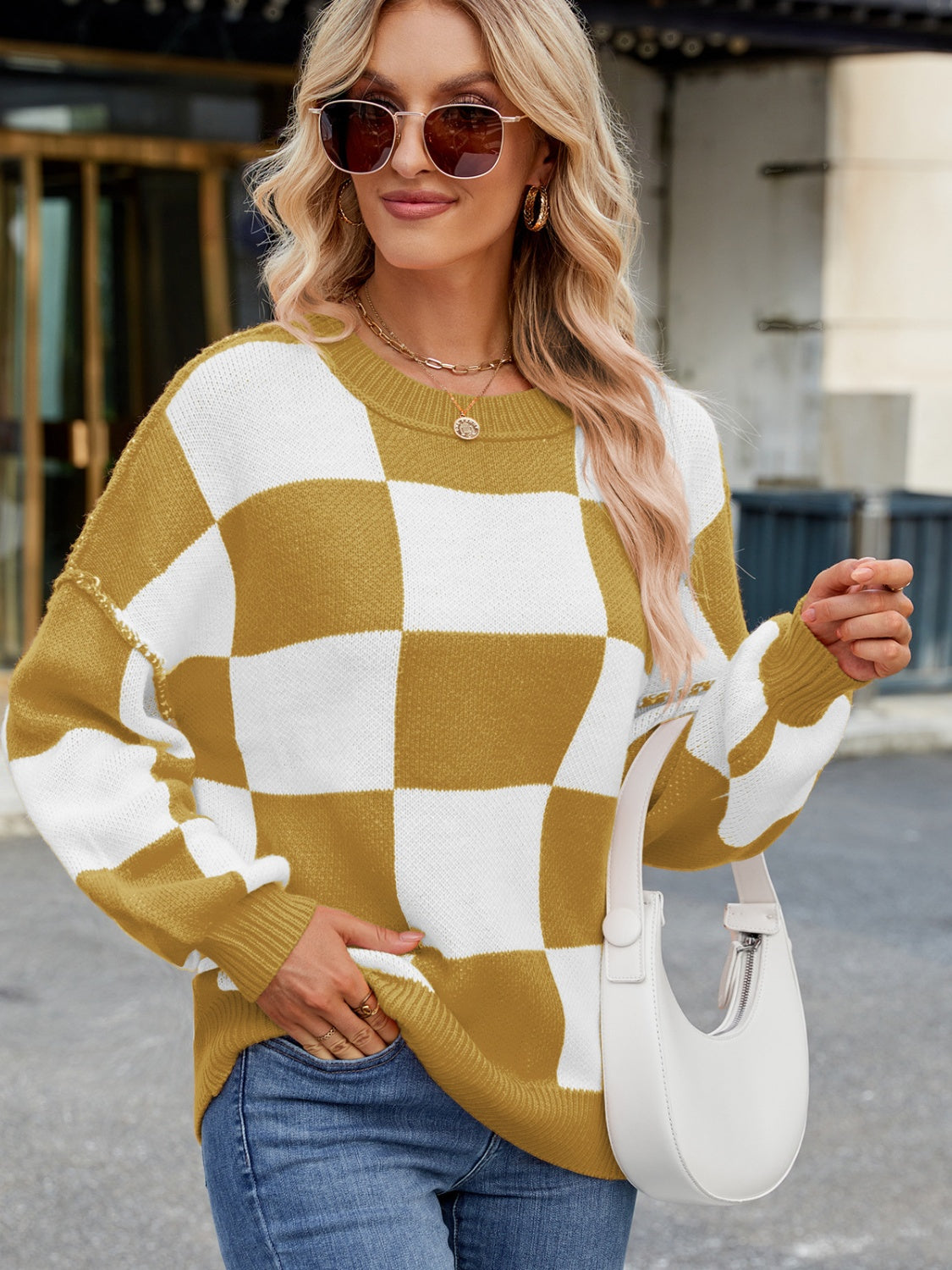 Plaid Round Neck Long Sleeve Sweater