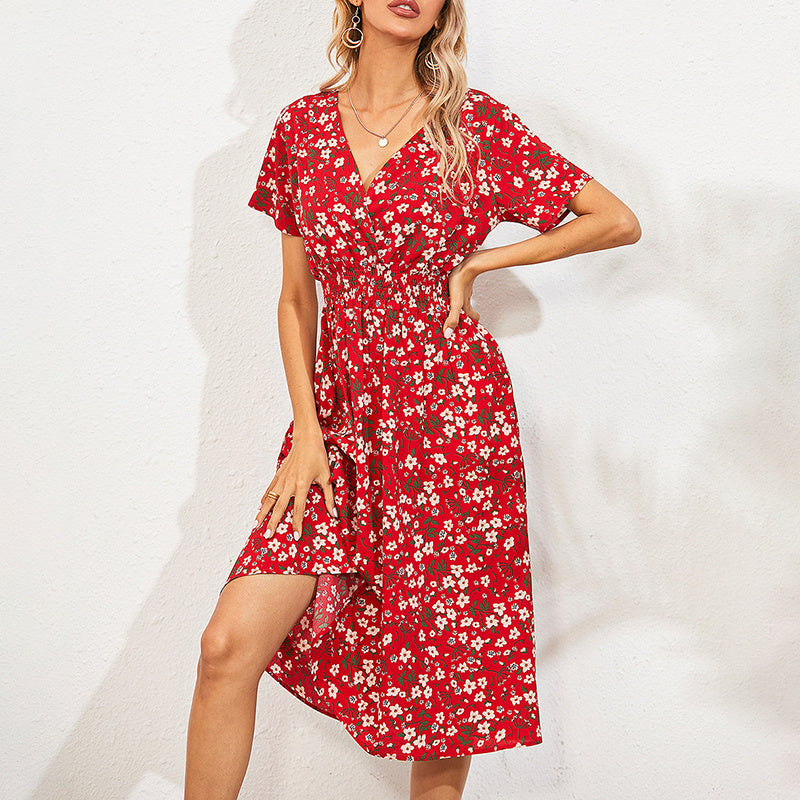 Women's V-Neck Floral Print Dress - A-Line Waisted Summer Maxi Dress - Free USA Shipping